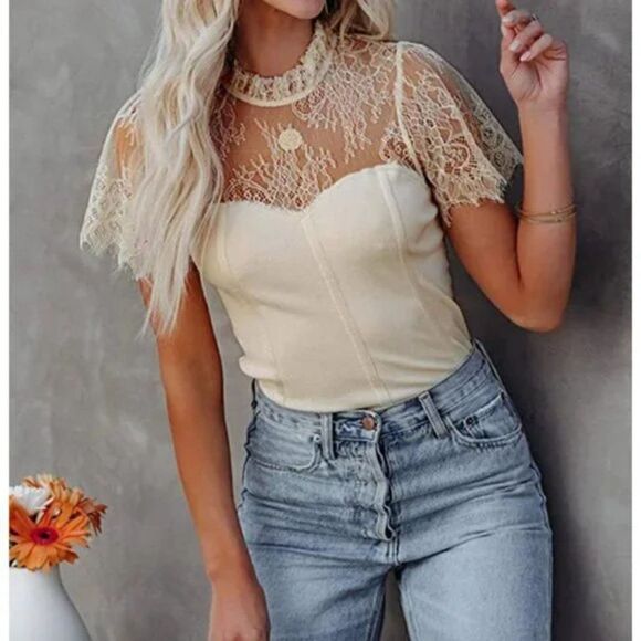 Beige Embroidered Crochet Lace Sheer Short Sleeve High Neck Top Blouse - Picture 3 of 8